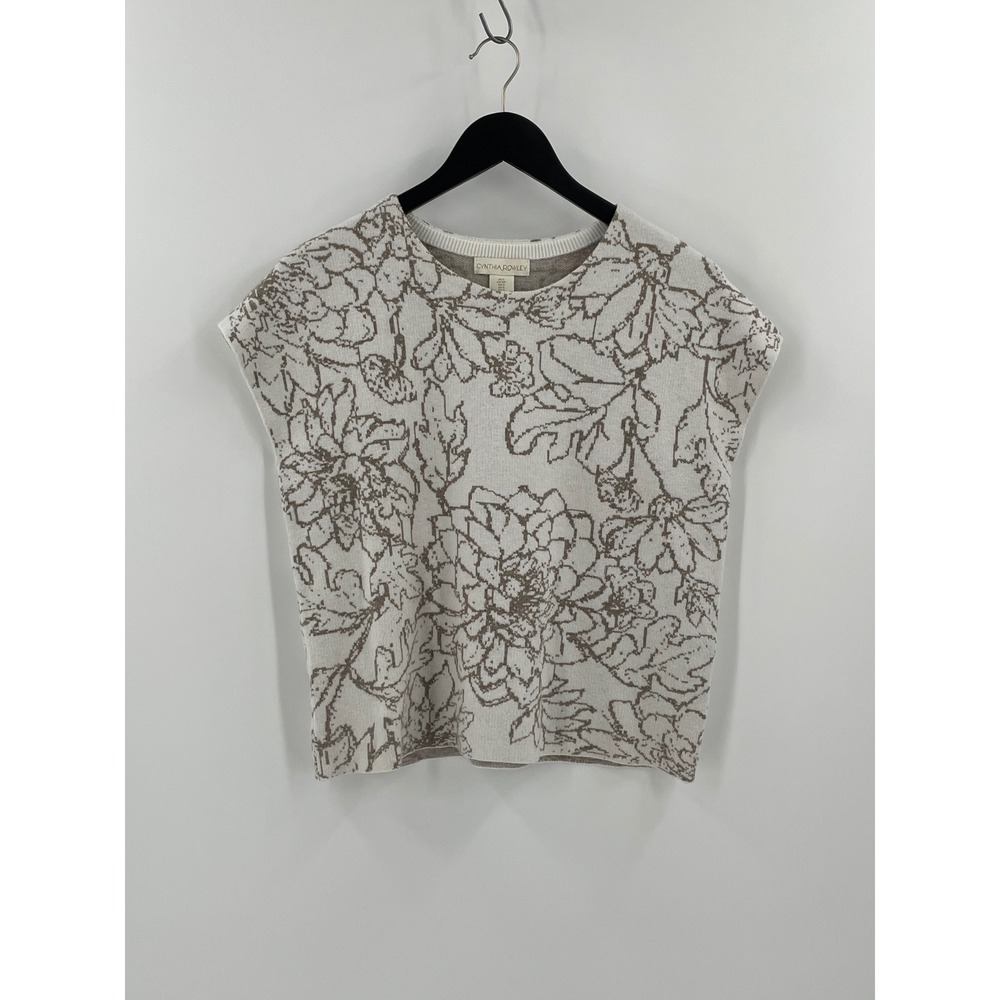 Cynthia Rowley Floral Knit Top Cap Sleeve Sweater Cream Taupe S Boutique